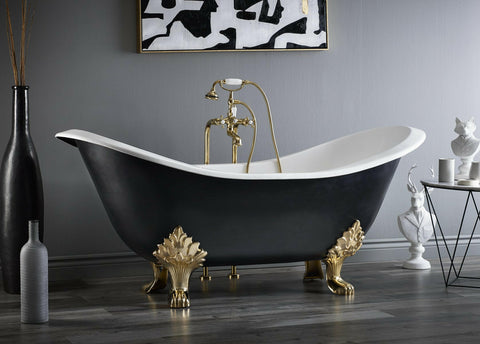 61" Regency Cast Iron Bathtub with Lion Feet, Matte Black, Polished Brass Feet