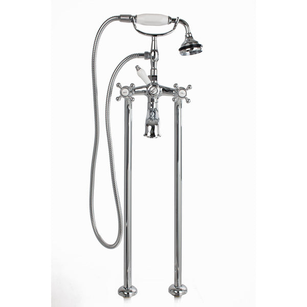 Free-Standing Tub Filler with Hand Shower and Stop Valves, Ceramic Accents