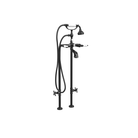 Free-Standing Tub Filler with Hand Shower and Stop Valves, Ceramic Accents