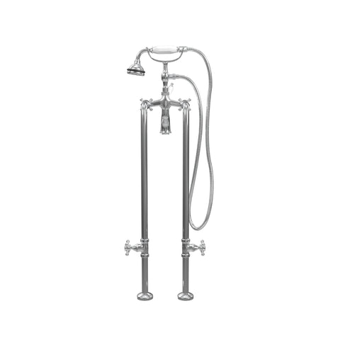 Free-Standing Tub Filler with Hand Shower and Stop Valves, Ceramic Accents