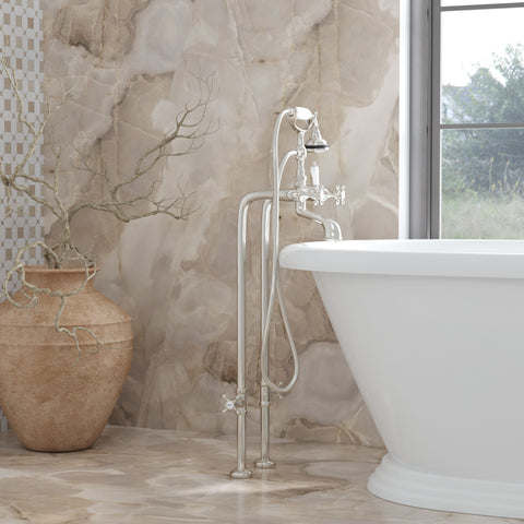 Free-Standing Tub Filler with Hand Shower and Stop Valves, Ceramic Accents