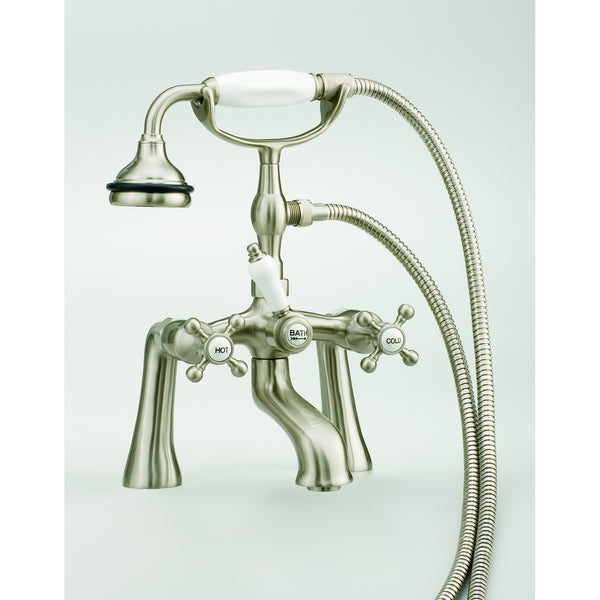 Deck Mount Tub Filler with Hand Shower, 7" Spread, Ceramic Accents