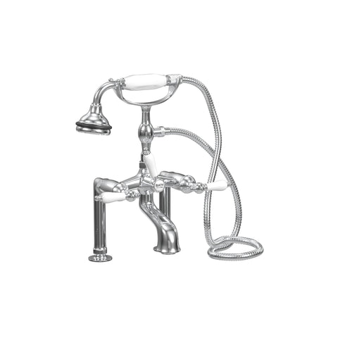 Deck Mount Tub Filler with Hand Shower, 6" Spread, Ceramic Accents