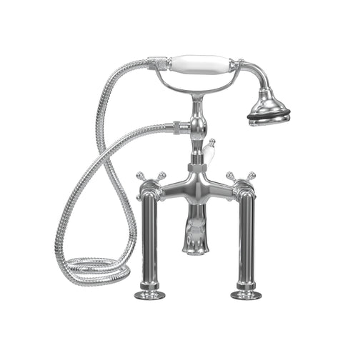 Deck Mount Tub Filler with Hand Shower, 6" Spread, Ceramic Accents