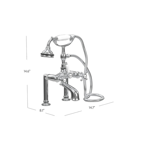 Deck Mount Tub Filler with Hand Shower, 6" Spread, Ceramic Accents