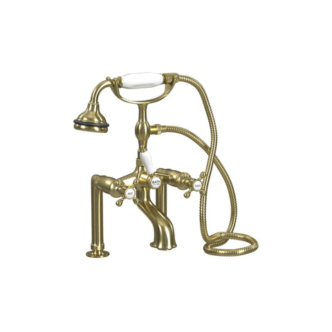 Deck Mount Tub Filler with Hand Shower, 6" Spread, Ceramic Accents