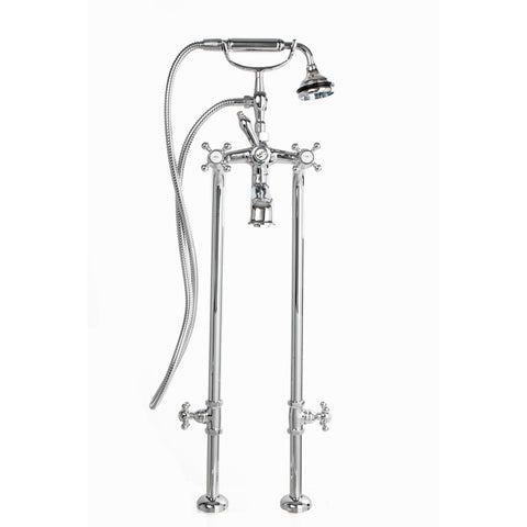 Free-Standing Tub Filler with Hand Shower and Stop Valves, All Metal Accents