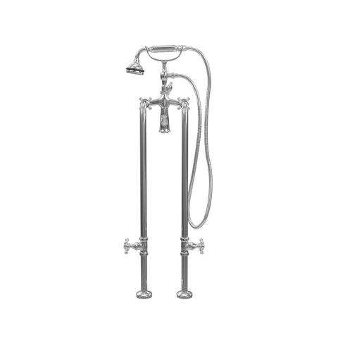 Free-Standing Tub Filler with Hand Shower and Stop Valves, All Metal Accents