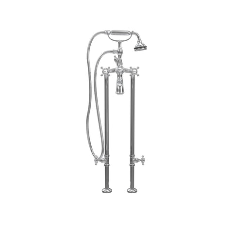 Free-Standing Tub Filler with Hand Shower and Stop Valves, All Metal Accents