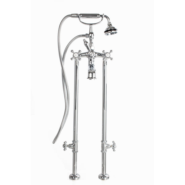Free-Standing Tub Filler with Hand Shower and Stop Valves, All Metal Accents
