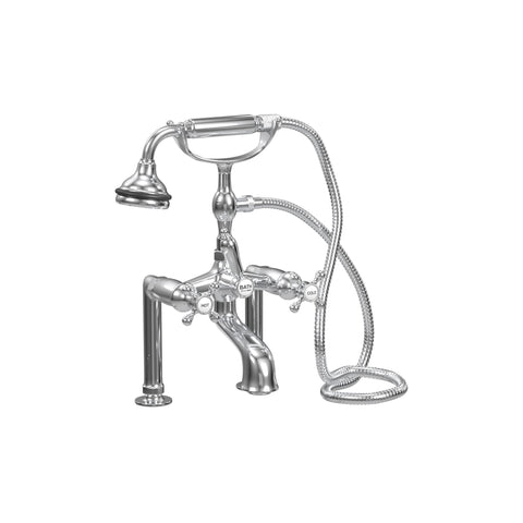 Deck Mount Tub Filler with Hand Shower, 6" Spread, All Metal Accents