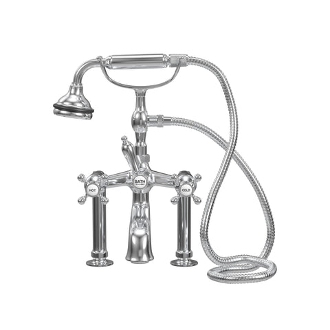 Deck Mount Tub Filler with Hand Shower, 6" Spread, All Metal Accents