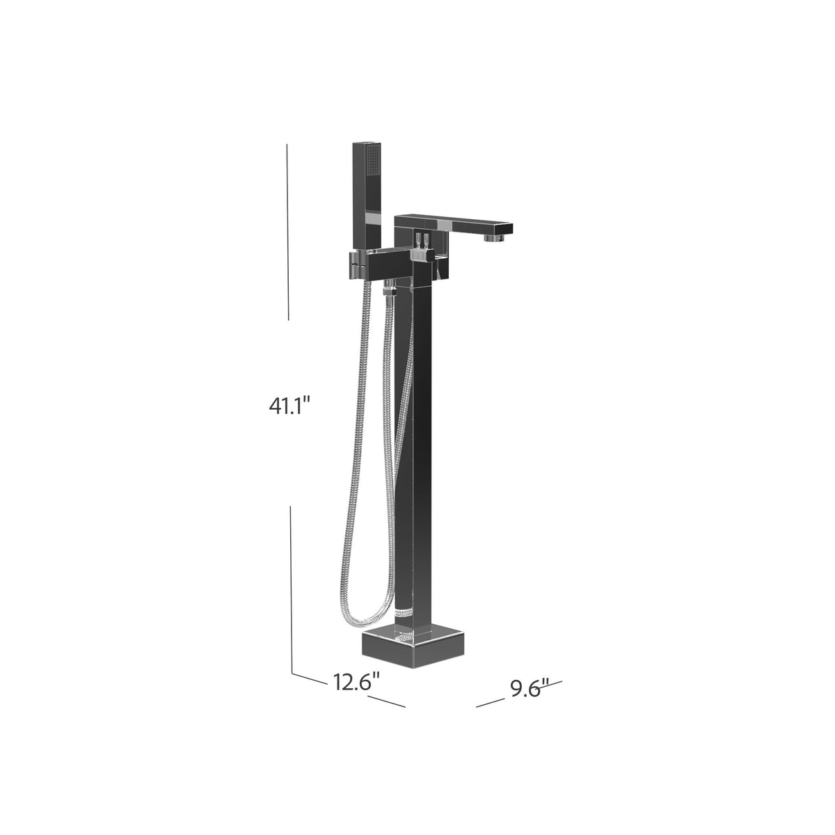Cheviot Square tub filler with hand shower — dimension drawing