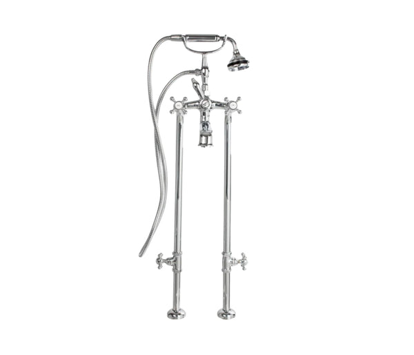 Free-Standing Tub Filler with Hand Shower and Stop Valves, All Metal Accents